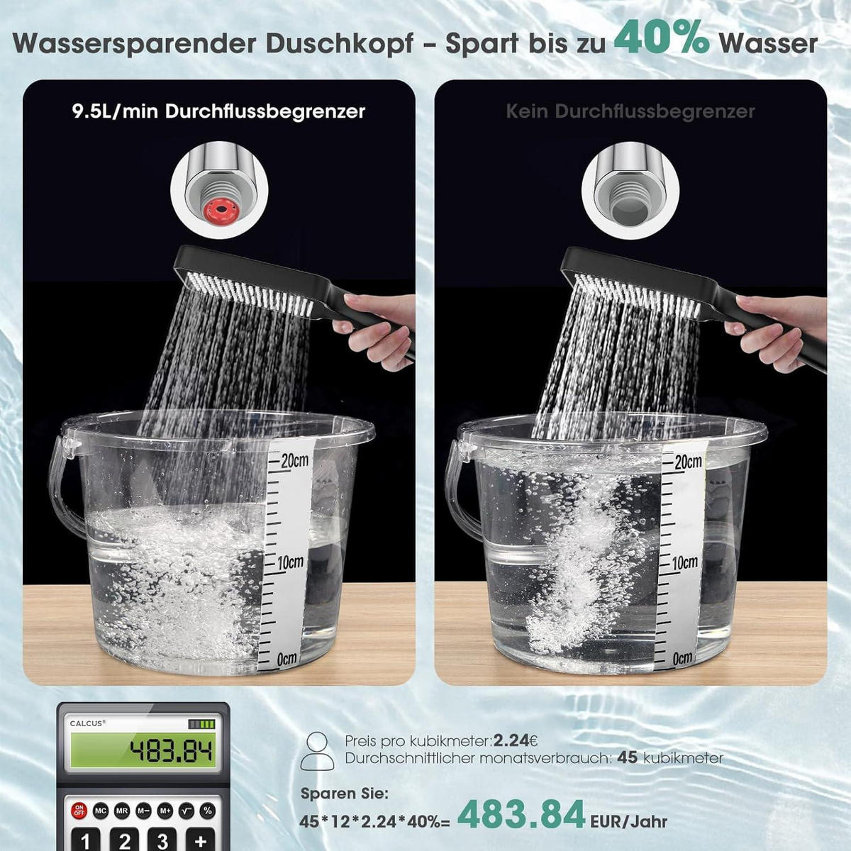 DUSCHKOPF mit Schlauch 2M, Hochdruck, Regendusche, Wassersparend, Chrom - Schwarz, Metall (12/12.7/25.7cm)