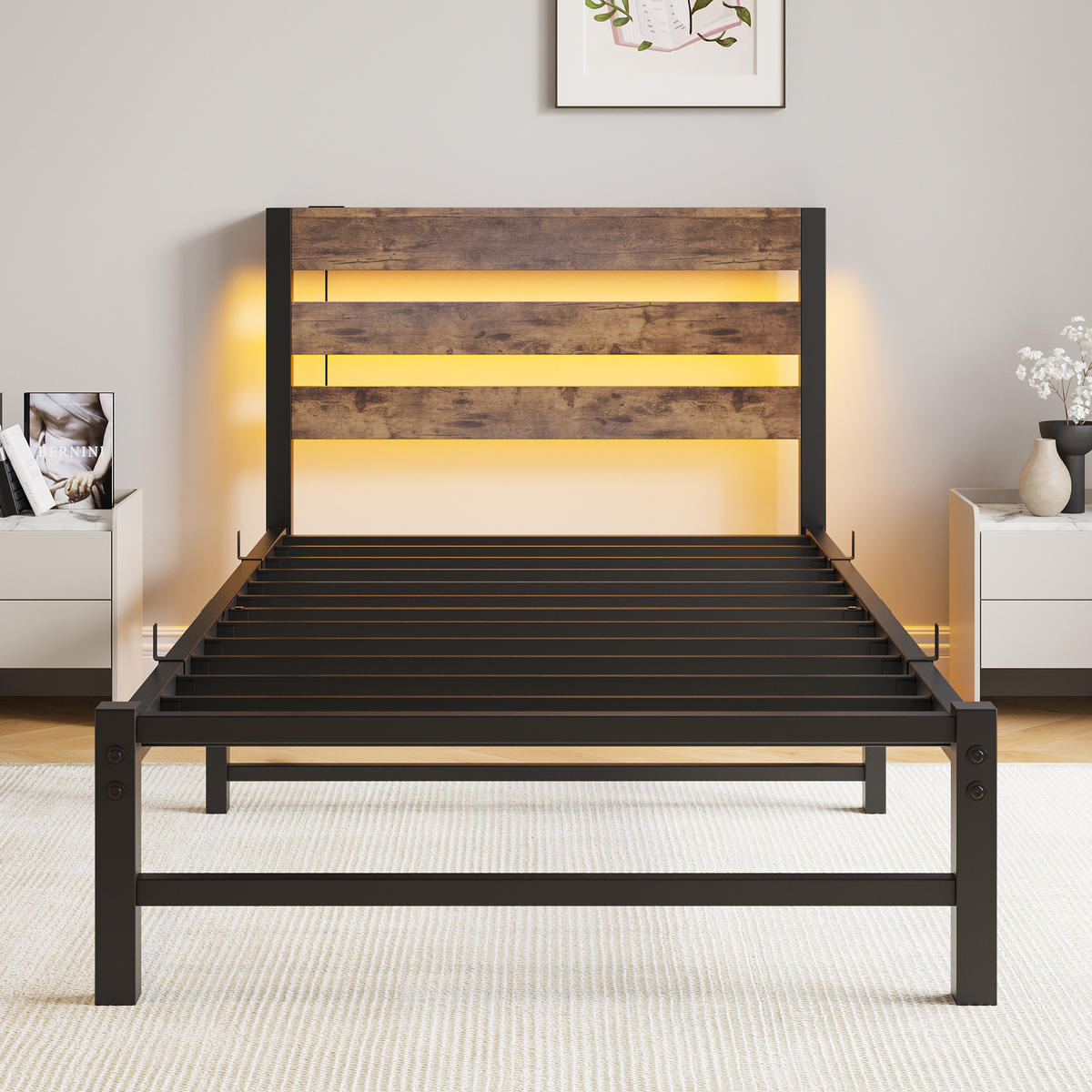 METALLBETT 90/200 cm Braun mit LED-Beleuchtung, USB-Ladestation und Stauraum unter dem Bett - Braun, Metall (90/200cm) - Oxeza