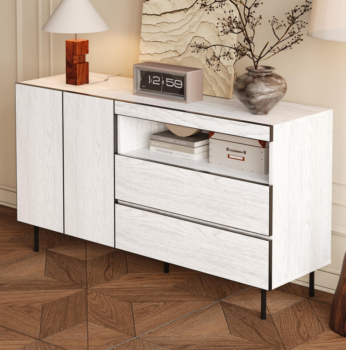 SIDEBOARD 140/42/77 cm Weiß aus Holzwerkstoff mit offenen Regalen - Weiß, Holzwerkstoff (42/77/140cm) - OKMYHOME
