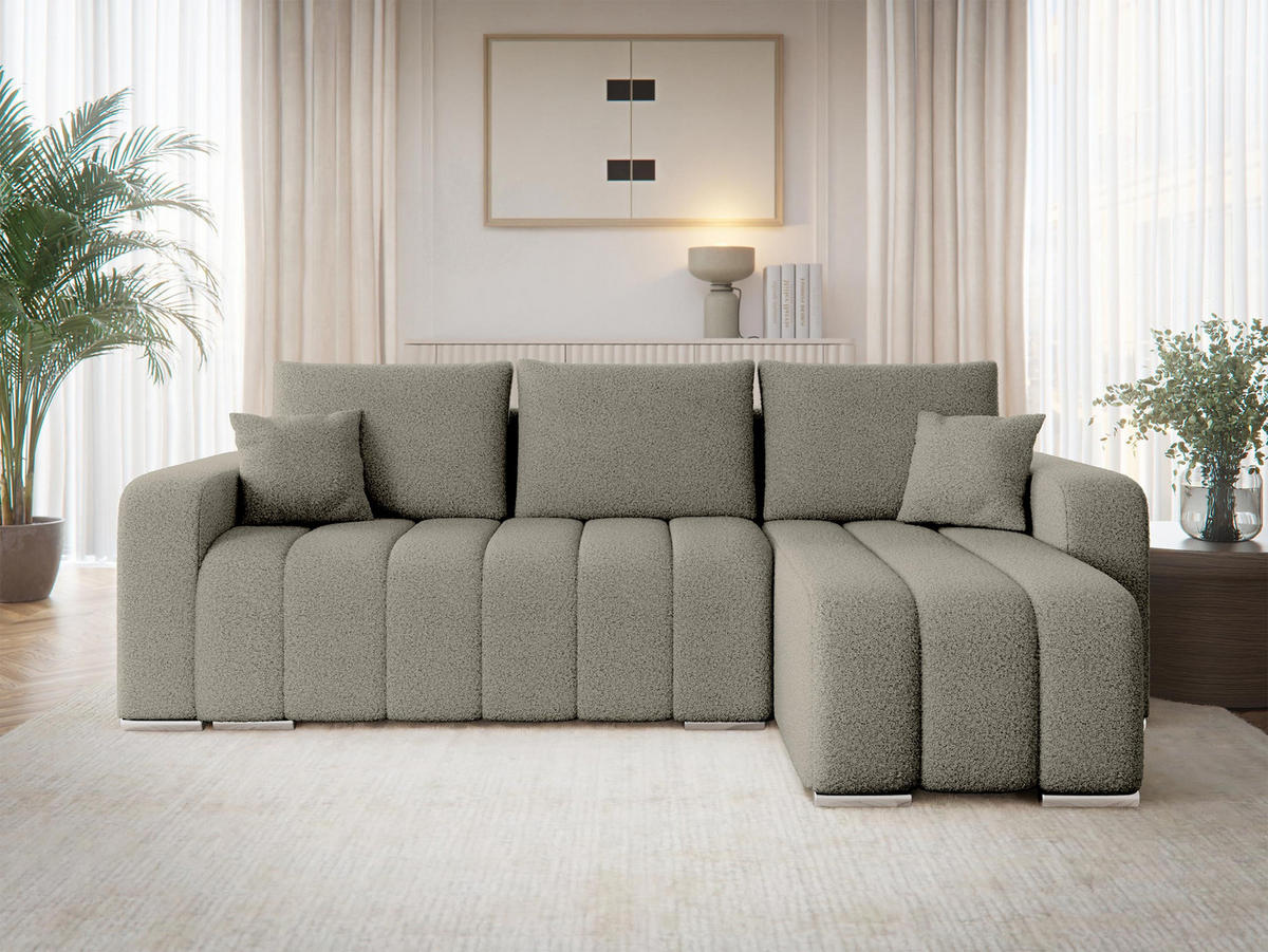 ECKSOFA Pufetto Boucle - Greige/Silberfarben, Holz/Textil (244/147cm) - MIRJAN24