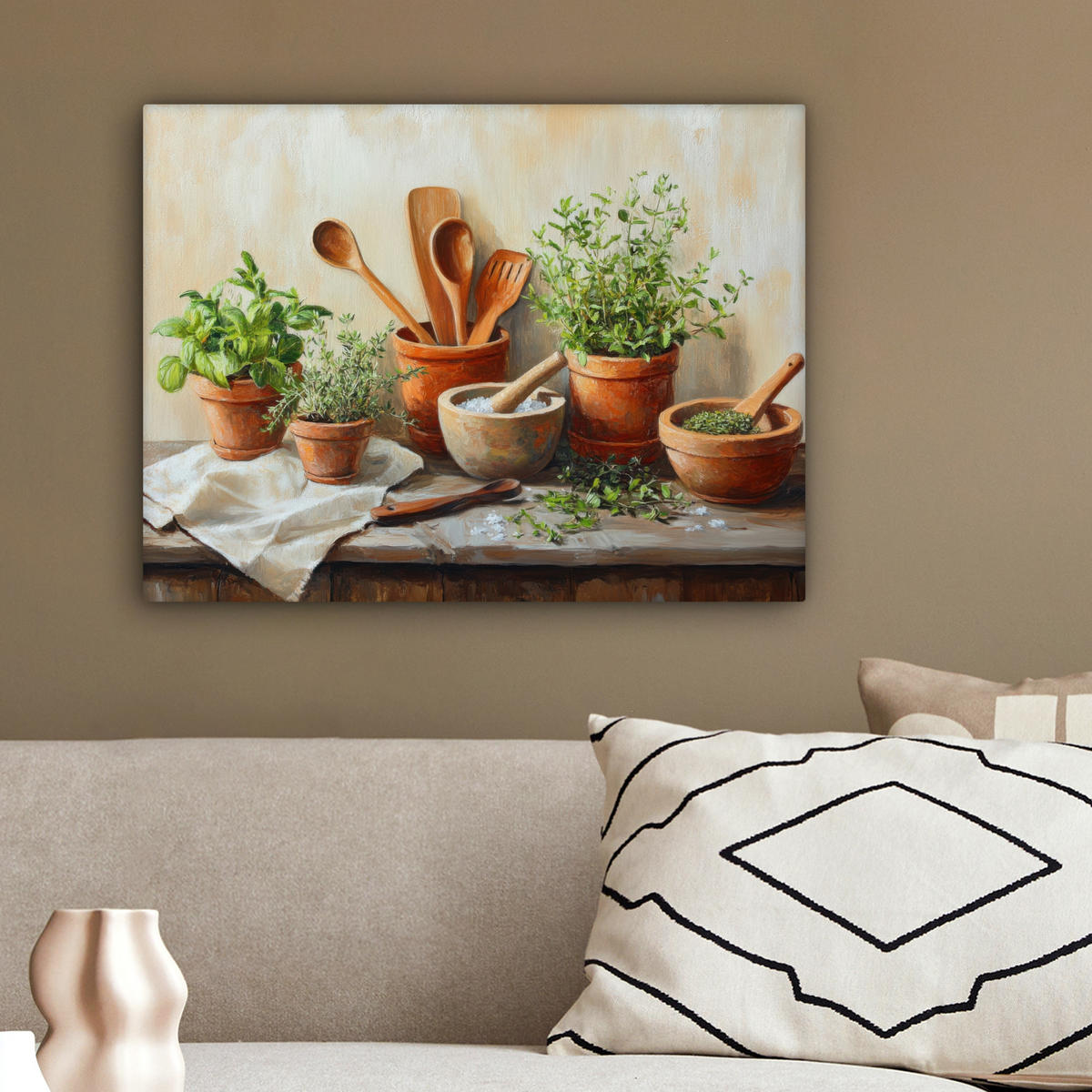 LEINWANDBILD Töpfe - Kräuter - Holz 40x30 cm - Terracotta, Textil (40/30cm) - MuchoWow