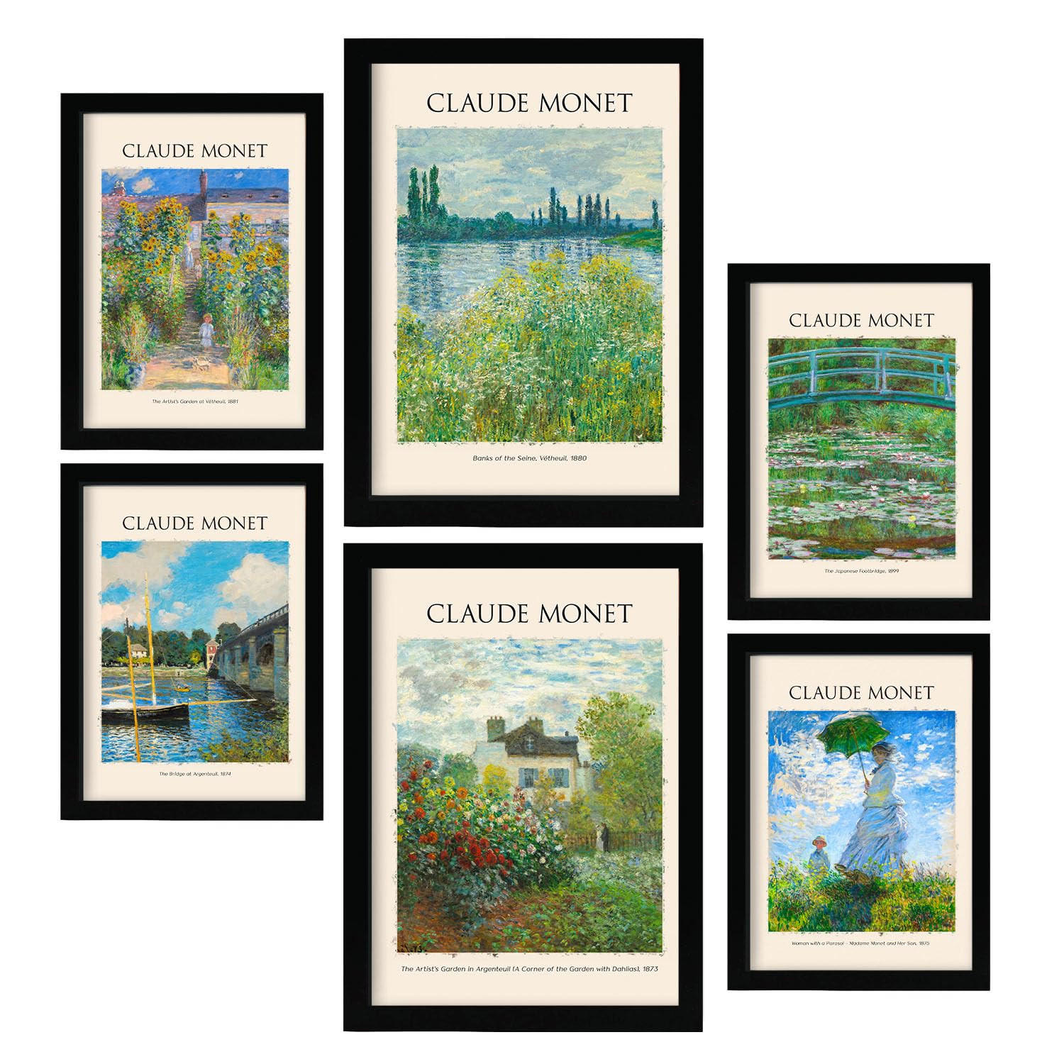 POSTER Set Mit 6 Monet Posterblatt 2 Malergalerie A3 & A4 Schwarzer Rahmen - Schwarz, Papier (29/3cm) - Nacnic