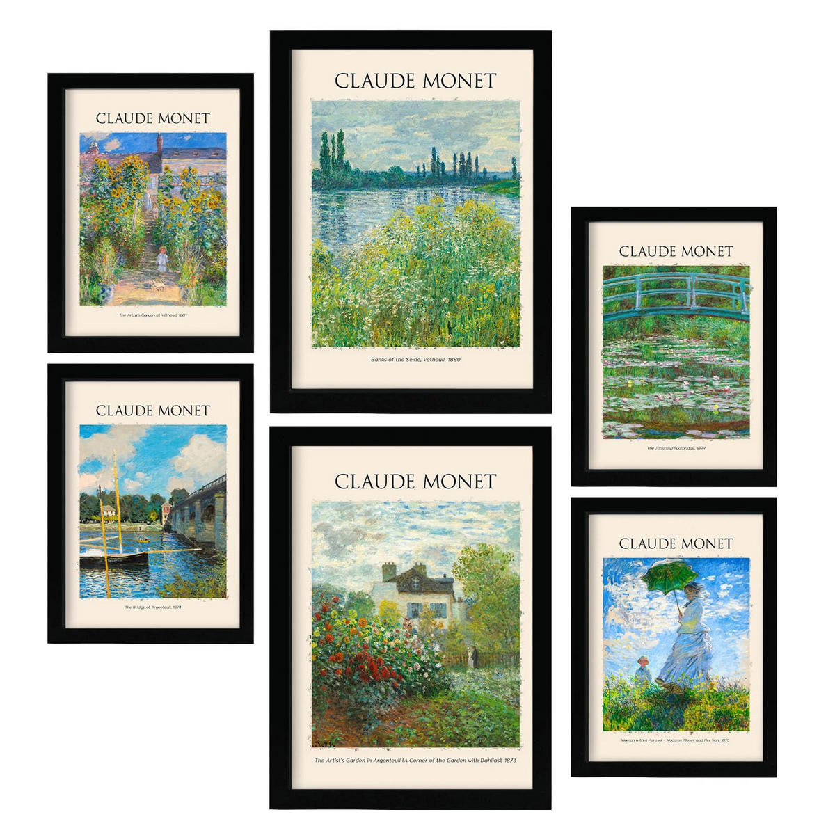 POSTER Set Mit 6 Monet Posterblatt 2 Malergalerie A3 & A4 Schwarzer Rahmen - Schwarz, Papier (29/3cm) - Nacnic