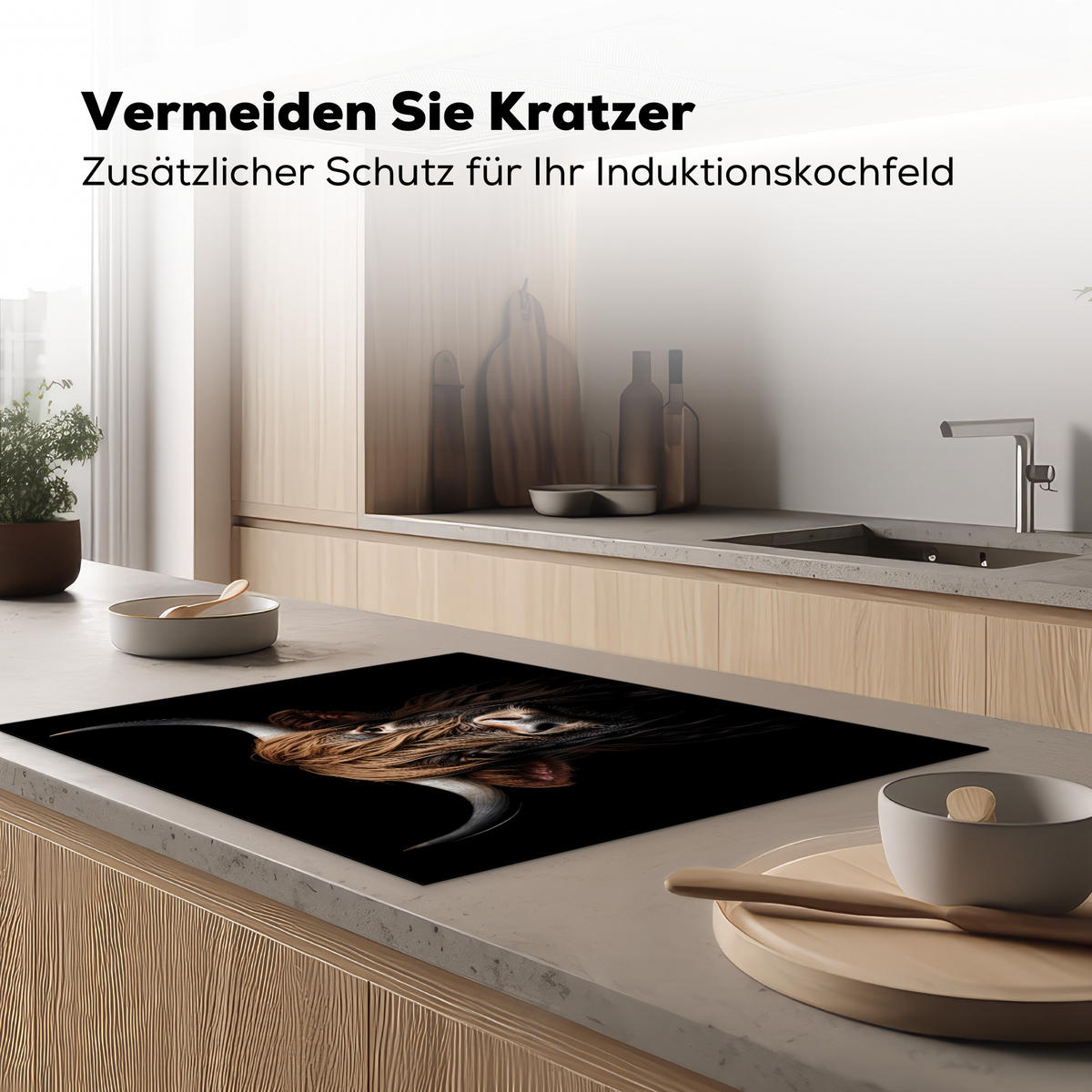 HERDABDECKPLATTE Schottischer Highlander - Porträt - Schwarz - Tier Induktionsmatte 77x59 cm - Braun, Kunststoff (77/59/0.2cm) - MuchoWow