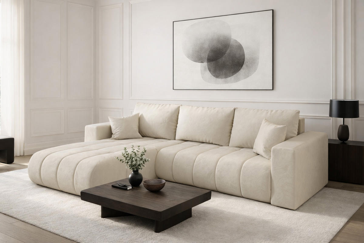 ECKSOFA mit schlaffunktion und bettkasten MILO PREMIUM, stoff MONOLITH, Ecru, Links - Ecru, Holz (280/190cm) - Kaiser Möbel