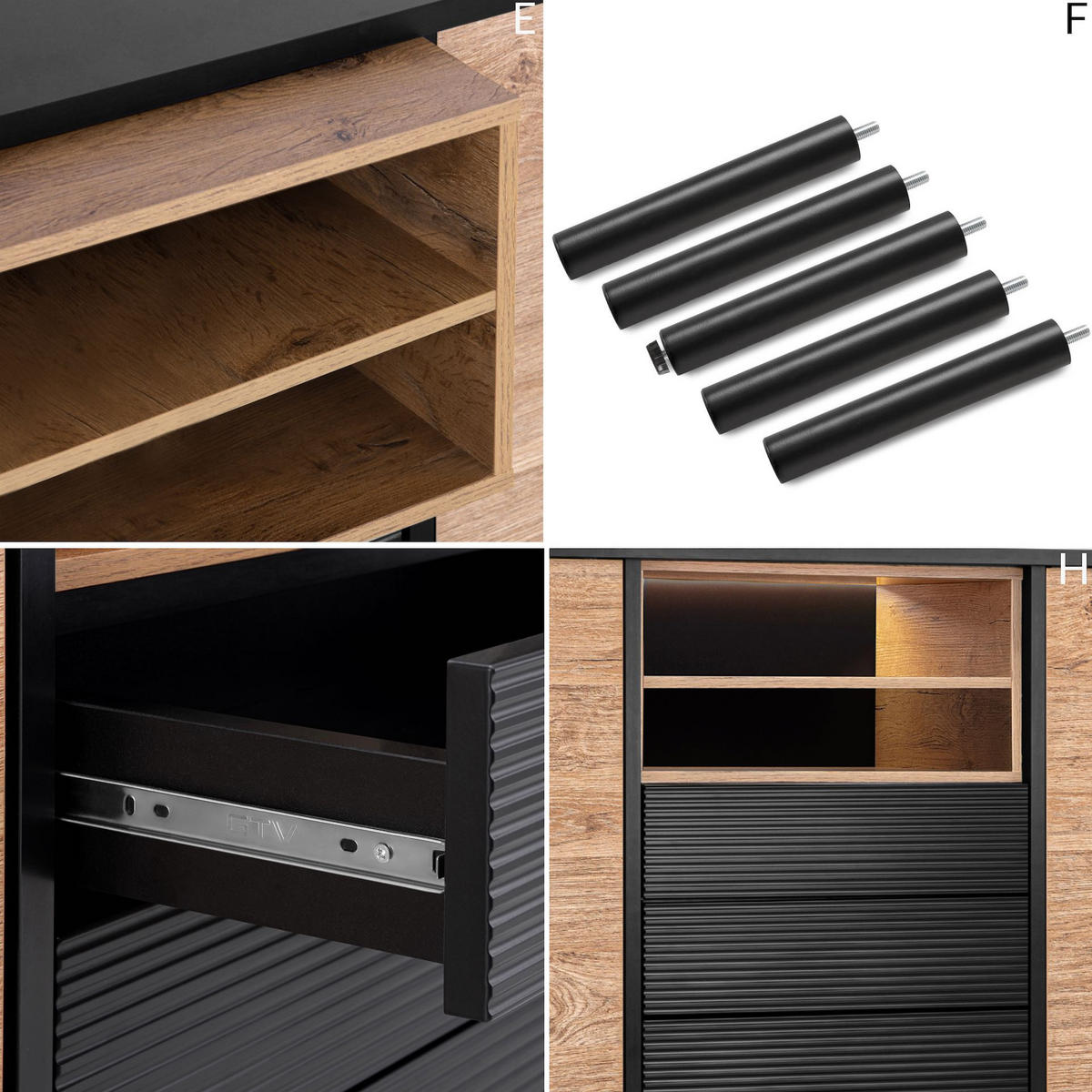 KOMMODE LOFTY TV/HiFi-Einlage, schwarz / Eiche natur - Eichefarben/Multicolor, Holzwerkstoff (151/84/41cm) - KONSIMO®
