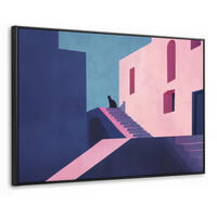 LEINWAND Bilder mit Rahmen - Katze - Treppe - Gebäude - Schattenkontraste - 150x100 - Dunkelblau, Textil (150/100cm) - MuchoWow