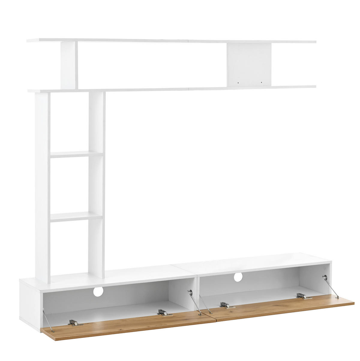 TV-WOHNWAND-SET 180/35/150 cm aus Spanplatte mit stehendem und hängendem Aufbau Weiß/Eichefarben - Weiß, Holzwerkstoff (180/150/35cm) - Modenvie