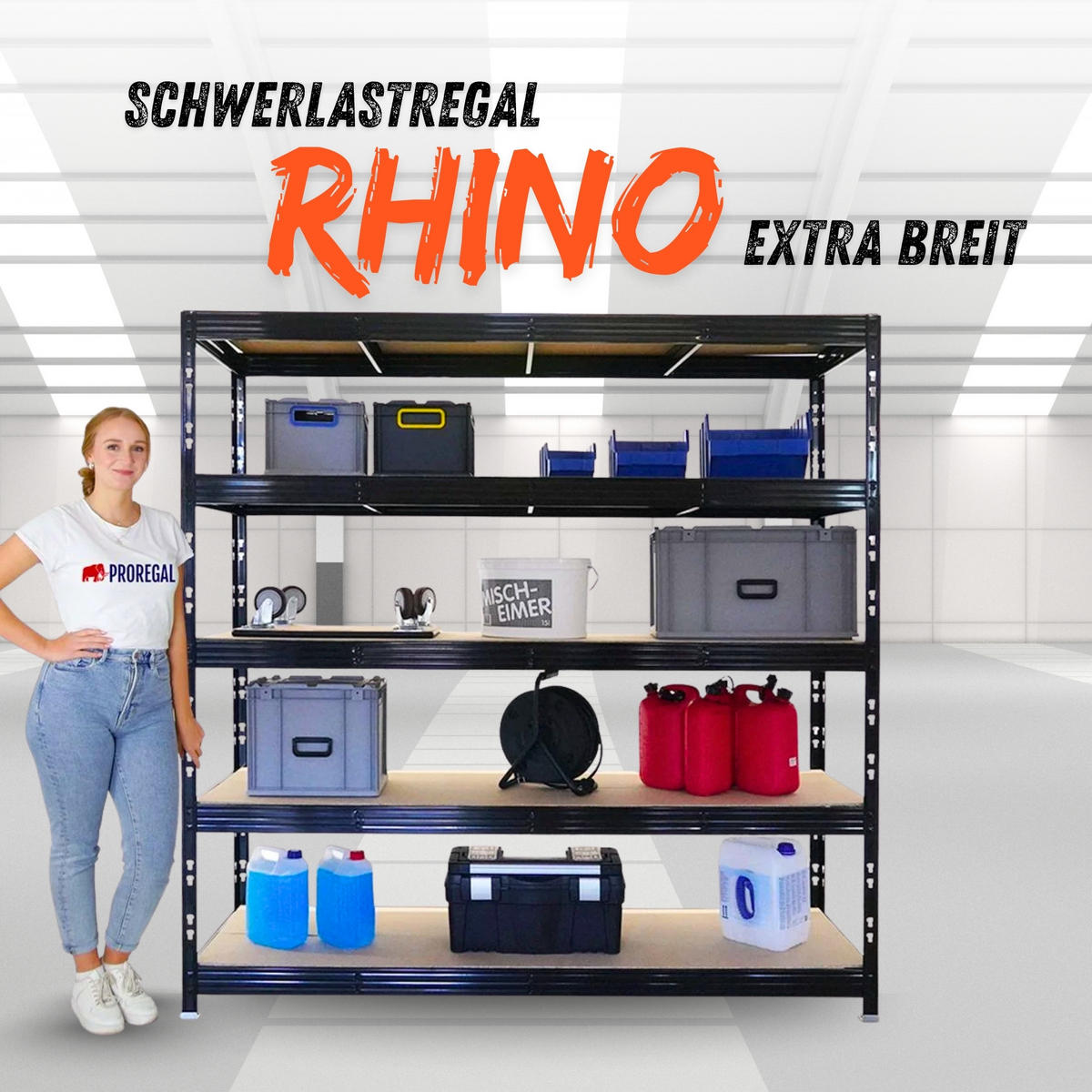 SCHWERLASTREGAL Rhino 200x200x60 cm 5 Spanplatten-Ebenen 8mm Fachlast 500 kg Schwarz - Schwarz, Metall (200/200/60cm) - PROREGAL