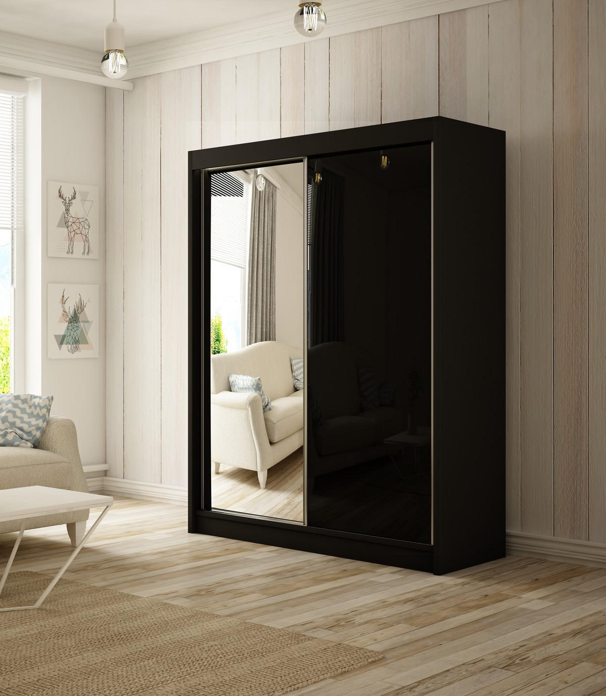 SCHWEBETÜRENSCHRANK Venus 120 cm mit Spiegel 2-türig, schwarz, lacobel schwarz - Schwarz, Kunststoff (120/215/61cm) - Margaret Hadas24