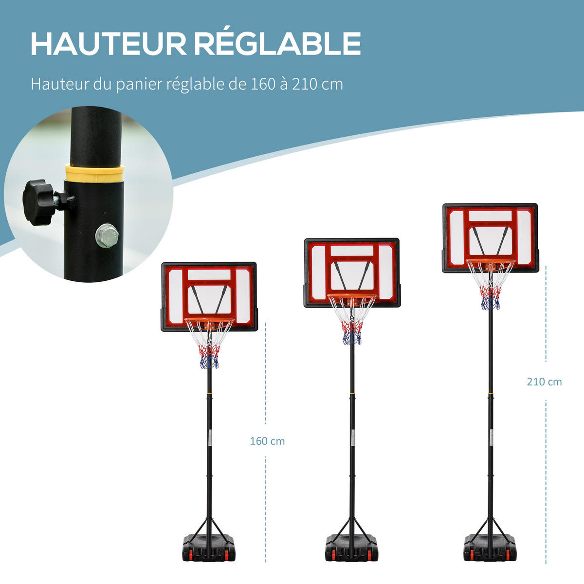 BASKETBALLKORB DE-18522 höhenverstellbar 160-210 cm Schwarz - Schwarz, Metall (45/75cm) - ComfortXL