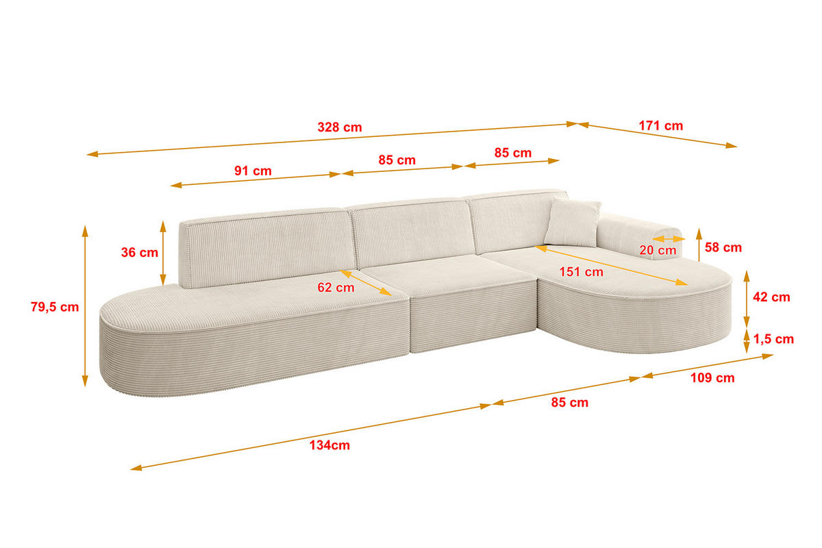 ECKSOFA Ottomane Rechts MARI-L2 - 328x171x79 cm Beige Cord - Beige/Schwarz, Holzwerkstoff/Kunststoff (171/328cm) - ALTDECOR