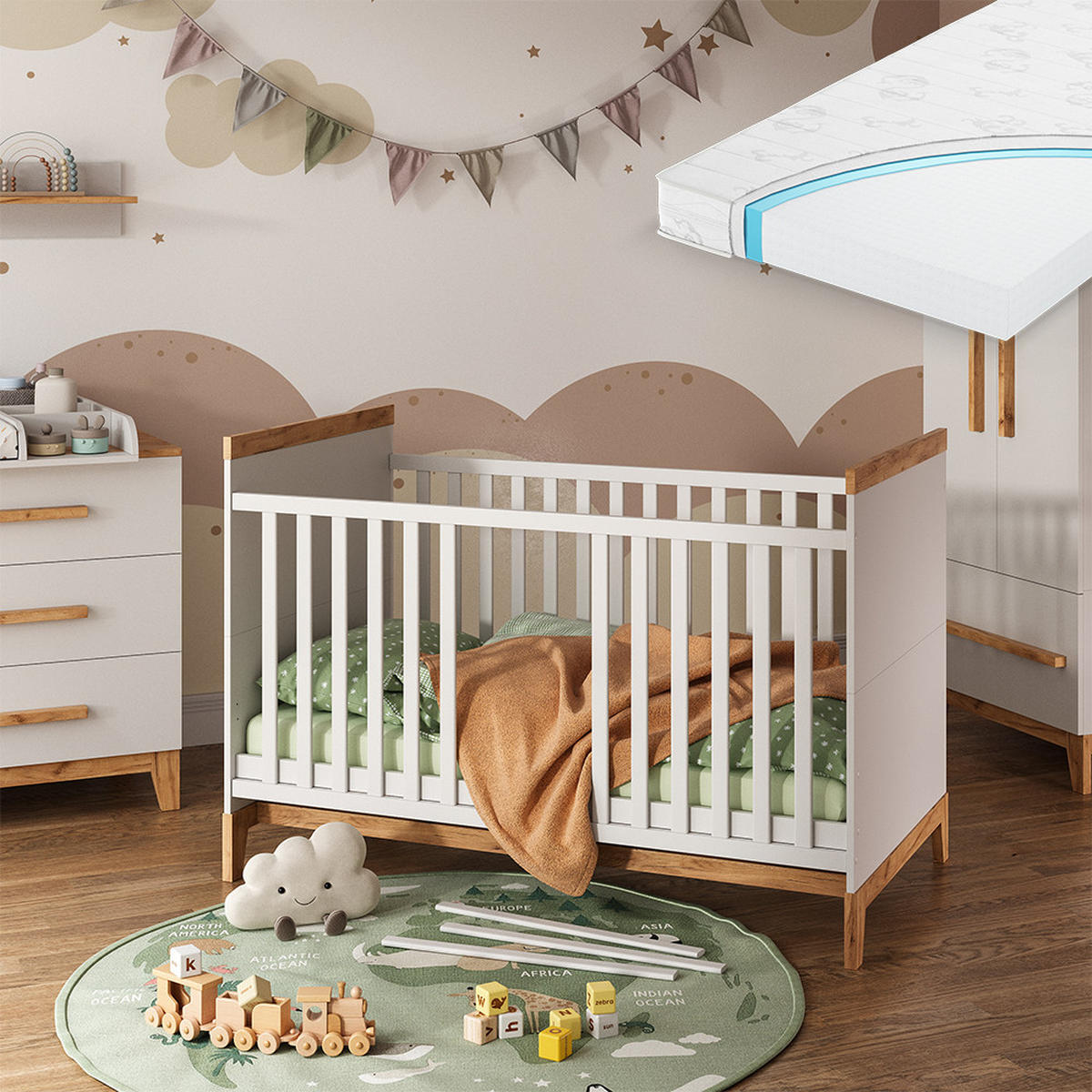 BABYBETT Malia Weiß/Artisan 70x140 cm mit Matratze - Hellgrau/Weiß, Holzwerkstoff - VitaliSpa