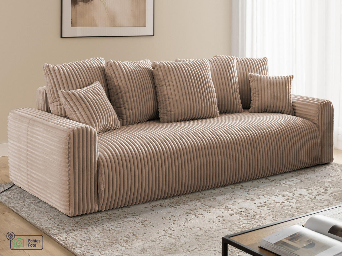 SCHLAFSOFA Calma mit Bettkasten im Bumpy-Design aus weichem Beige Plüschcord - Beige/Schwarz, Holz/Kunststoff (239/88/98cm) - S-Style
