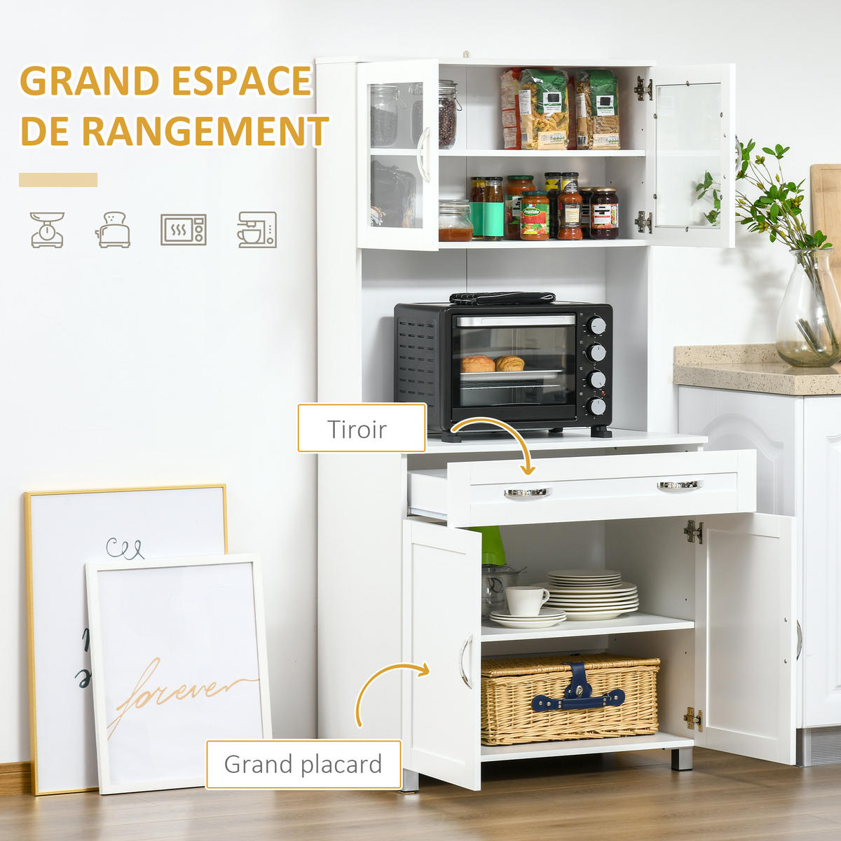 BUFFET DE-10998 2 Türen & große Schublade mit Vitrine Weiß - Weiß, Holzwerkstoff (121.92/431.8/203.2cm) - ComfortXL