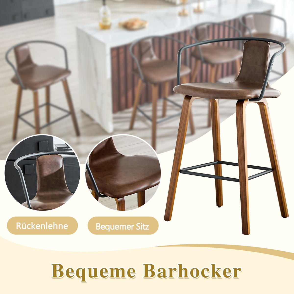 BARHOCKER Braun 2er-Set mit Armlehne und Holzbeinen - Braun, Holz (54.7/88/44cm) - PANGIVO