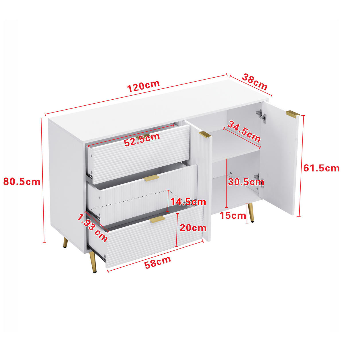 SIDEBOARD aus MDF 120x38x80,5 cm Weiß/Gold mit 3 Schubladen und 2 Türen - Weiß, Holzwerkstoff (120/80.5/38cm) - IVMEU