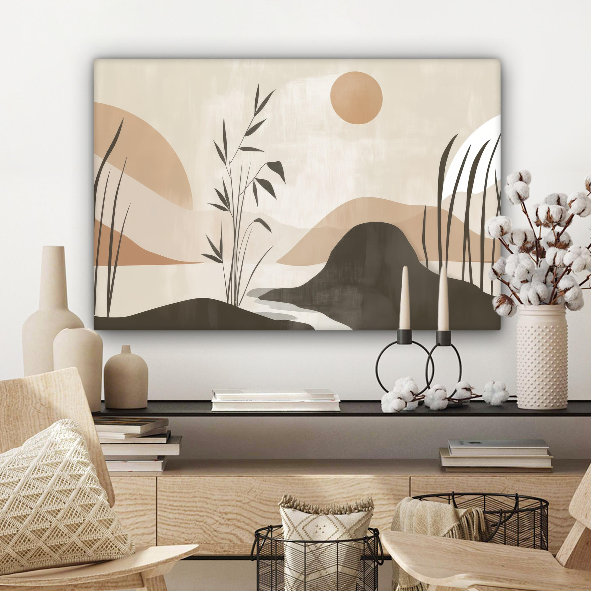 LEINWANDBILD Japandi - Landschaft - Beige Wanddeko 90x60 cm - Cognac, Textil (90/60cm) - MuchoWow