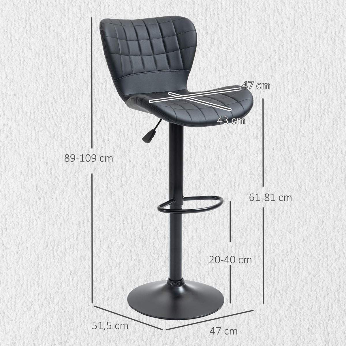BARHOCKER, Kunstleder, Stahl, Schwarz - Schwarz, Kunststoff (51.5/109/47cm) - HOMCOM