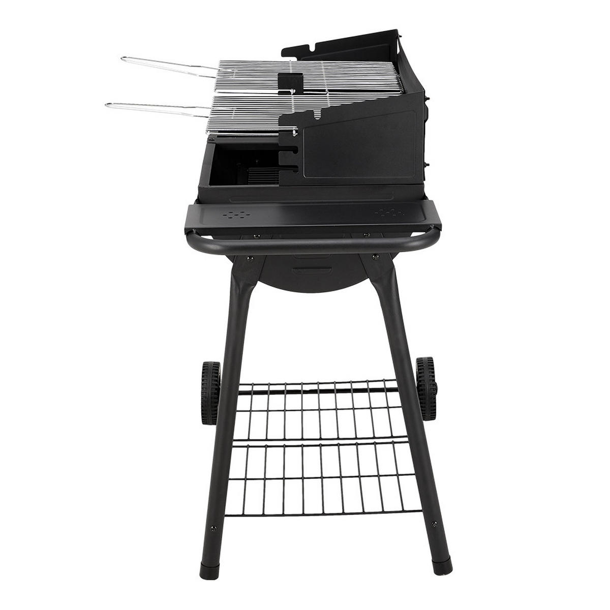 HOLZKOHLEGRILL Carbonstahl mit Rollen aus Kohlenstoffstahl in Schwarz langlebig & hitzebeständig pulverbeschichtet mobil 107,5 x54,5 x93 cm 15 kg - Schwarz, Metall (54/93/107cm) - Livingandhome