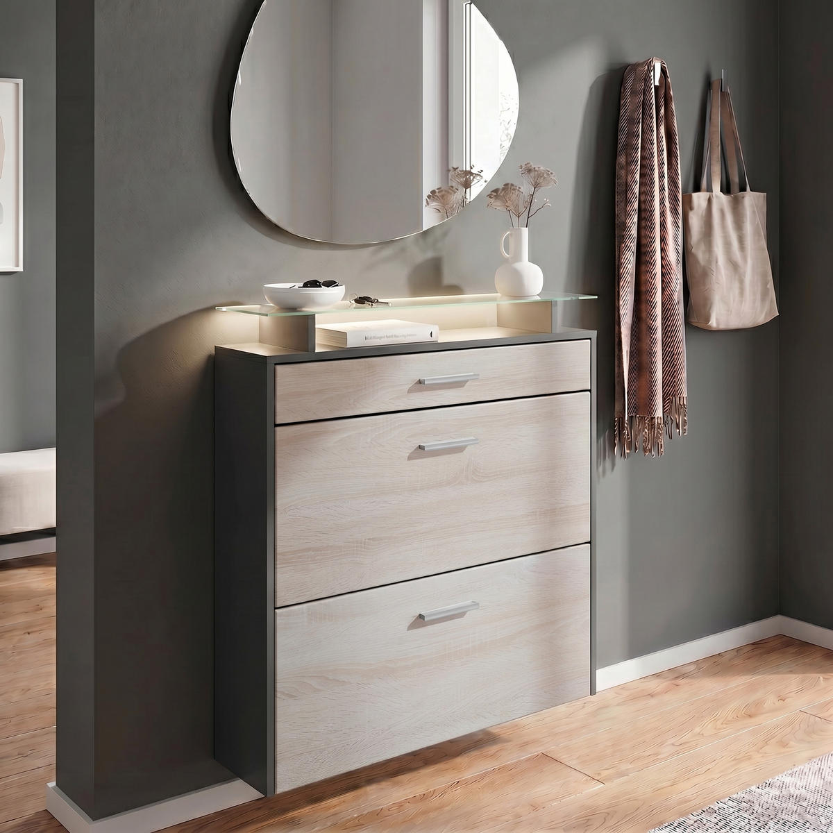 SCHUHSCHRANK Malea Fronten in Eiche sägerau - Eiche San Remo, Holzwerkstoff (89/96/23cm) - Vladon