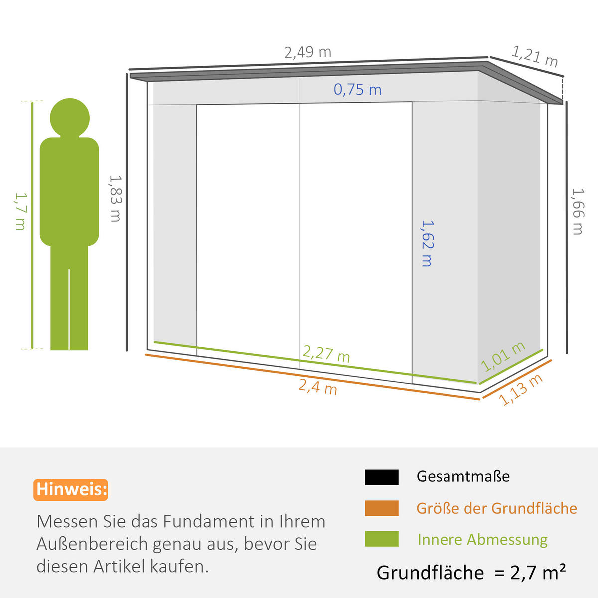 METALL Gerätehaus 2,7 m² 249x121x183cm Geräteschuppen mit Pultdach Doppeltür - Hellgrau, Metall (121/183/249cm) - Outsunny