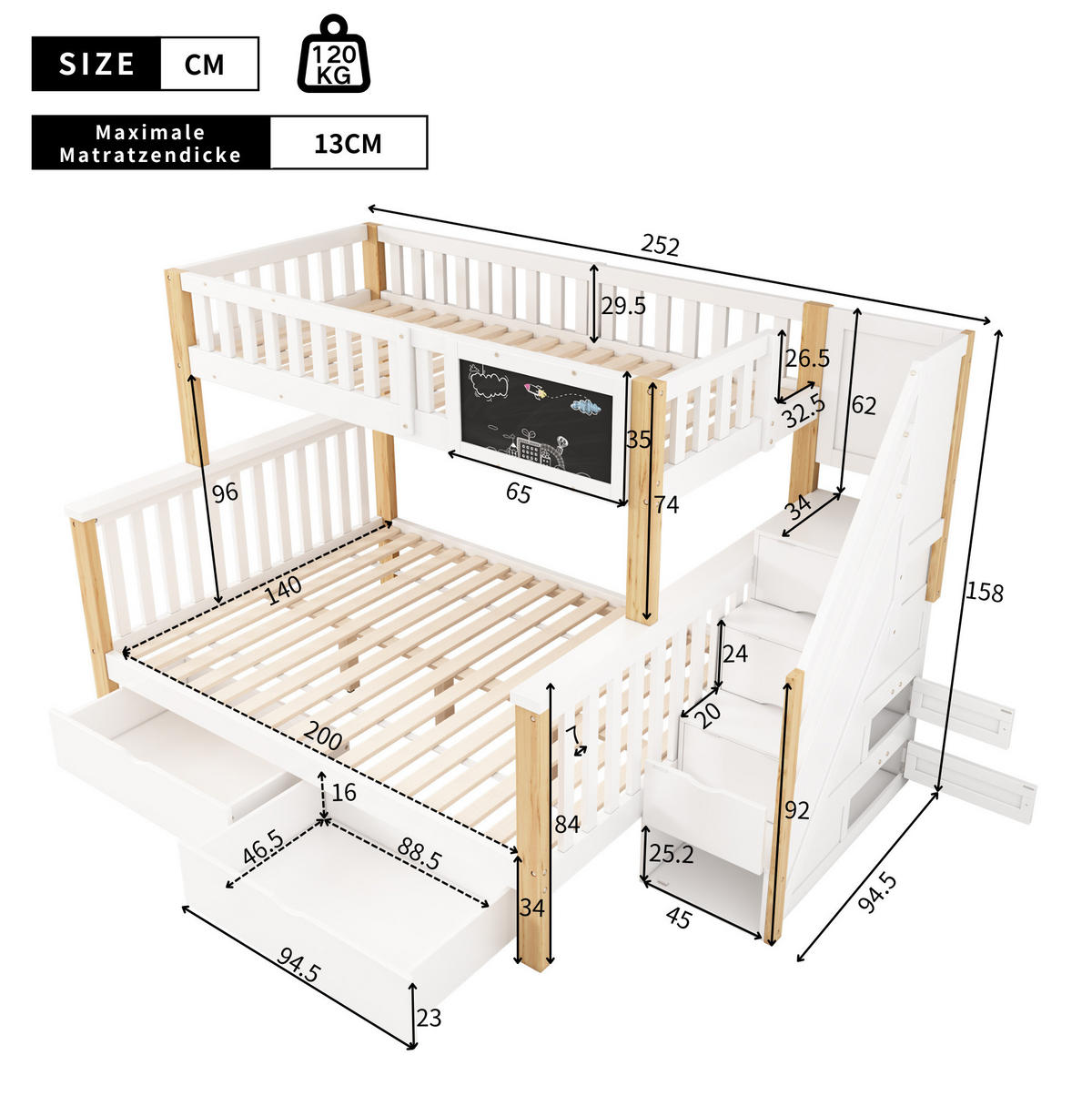 ETAGENBETT 90/200 + 140/200 cm mit Tafel und Stauraum in Weiß/Eiche - Weiß, Holz - BEAOK