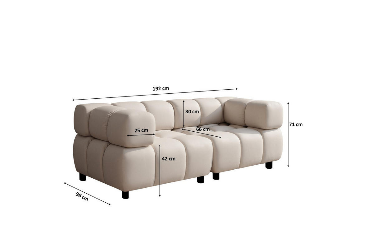 SOFA 3-Sitzer Modular, Couch, Veloursstoff Bluvel, Creme, Bolla - Creme, Holz (192/71/96cm) - Kaiser Möbel