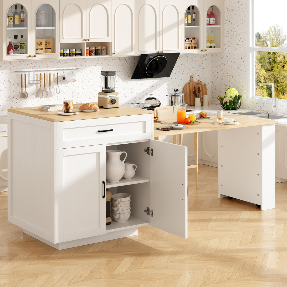 STEHTISCH ausziehbar 133-202/70/93,5 cm in Weiß mit Stauraum und Rollen - Weiß, Holzwerkstoff (133/70/93.5cm) - BEAOK