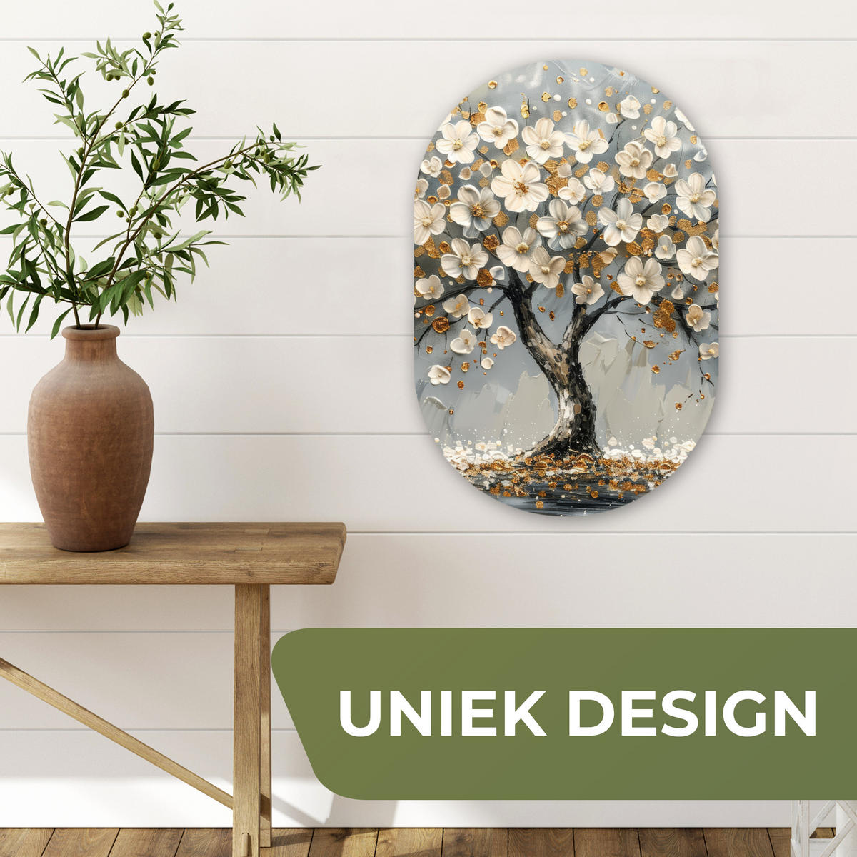 WANDBILD Baum - Gold - Blumen - Abstrakt - Kunst Deko Wohnzimmer 40x60 cm - Goldfarben, Kunststoff (40/60cm) - MuchoWow