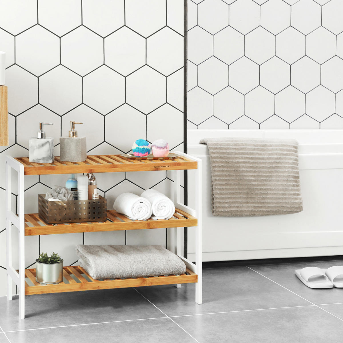 SCHUHREGAL Bambus Weiß Naturfarben 55x70x26 cm - Naturfarben/Weiß, Holz (70/55/26cm) - Begryf