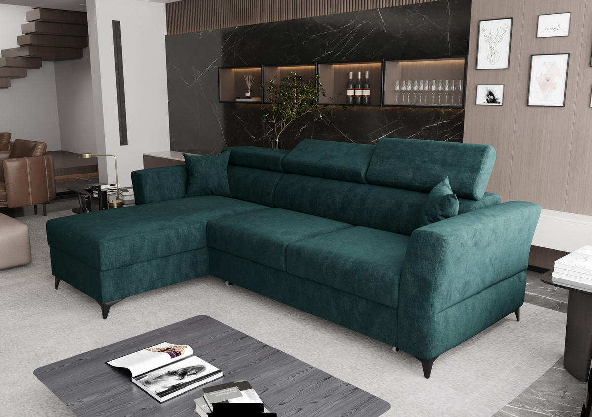 ECKSOFA L Form Ribella Türkis 265/180/100 cm Links mit Schlaffunktion - Türkis/Schwarz, Textil/Metall (180/265cm) - AX Living