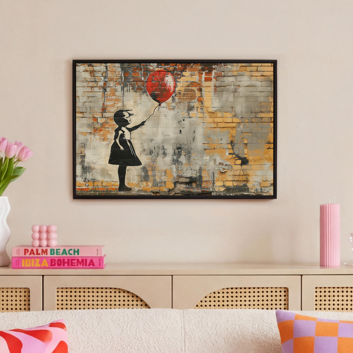 LEINWAND Bilder mit Rahmen - Graffiti - Banksy - Mädchen - Straßenkunst - 60x40 - Sandfarben, Textil (60/40cm) - MuchoWow