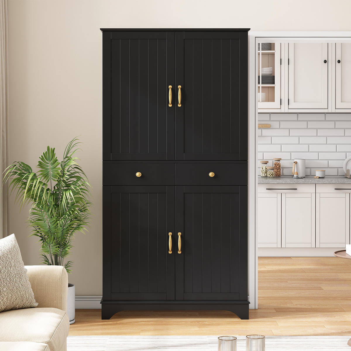 BUFFETSCHRANK Schwarz 77/40/181 cm - Schwarz, Holz (77/181/40cm) - PANGIVO