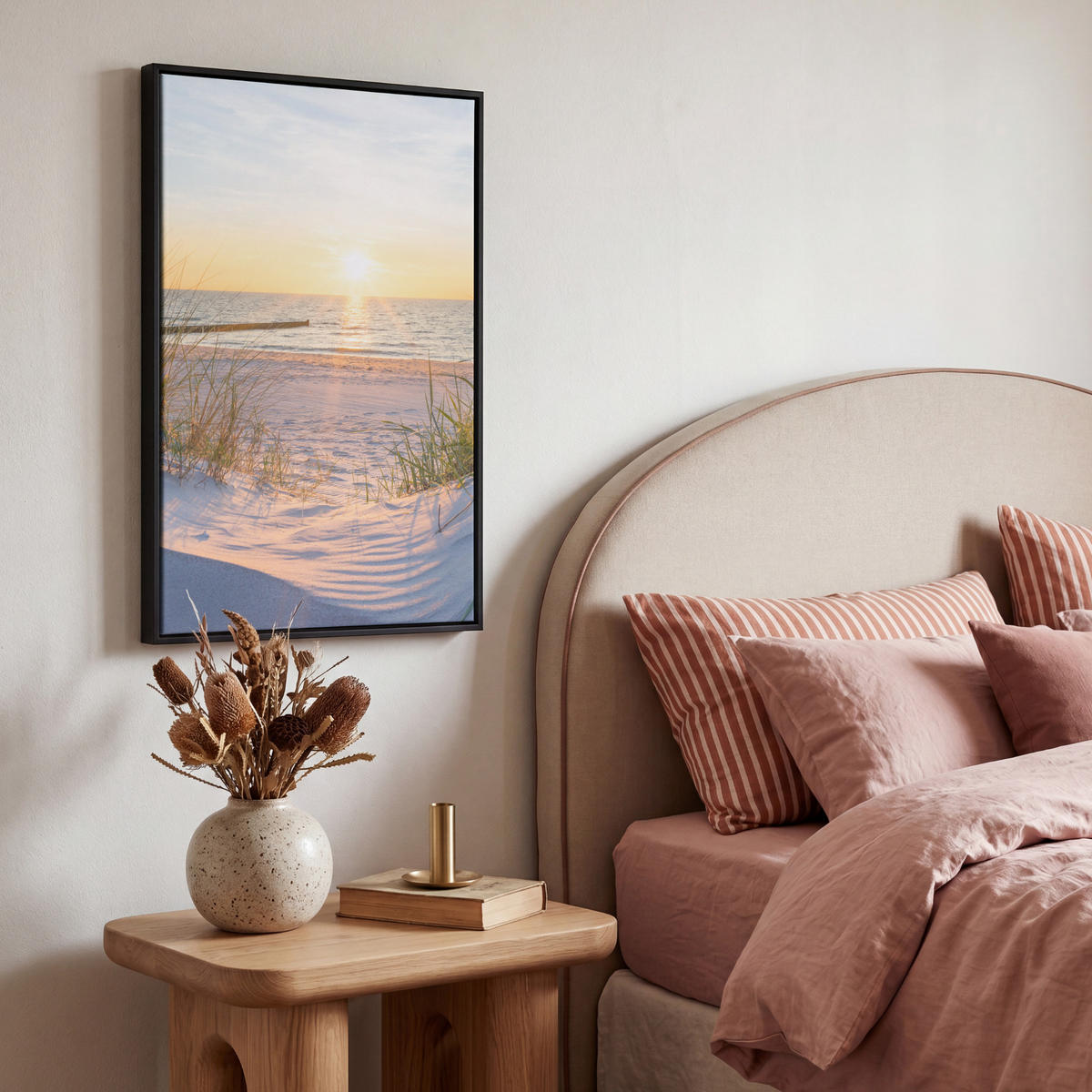 LEINWAND Bilder mit Rahmen - Strand - Sonne - Düne - Gras - Sand - Horizont - 40x60 - Hellblau, Textil (40/60cm) - MuchoWow