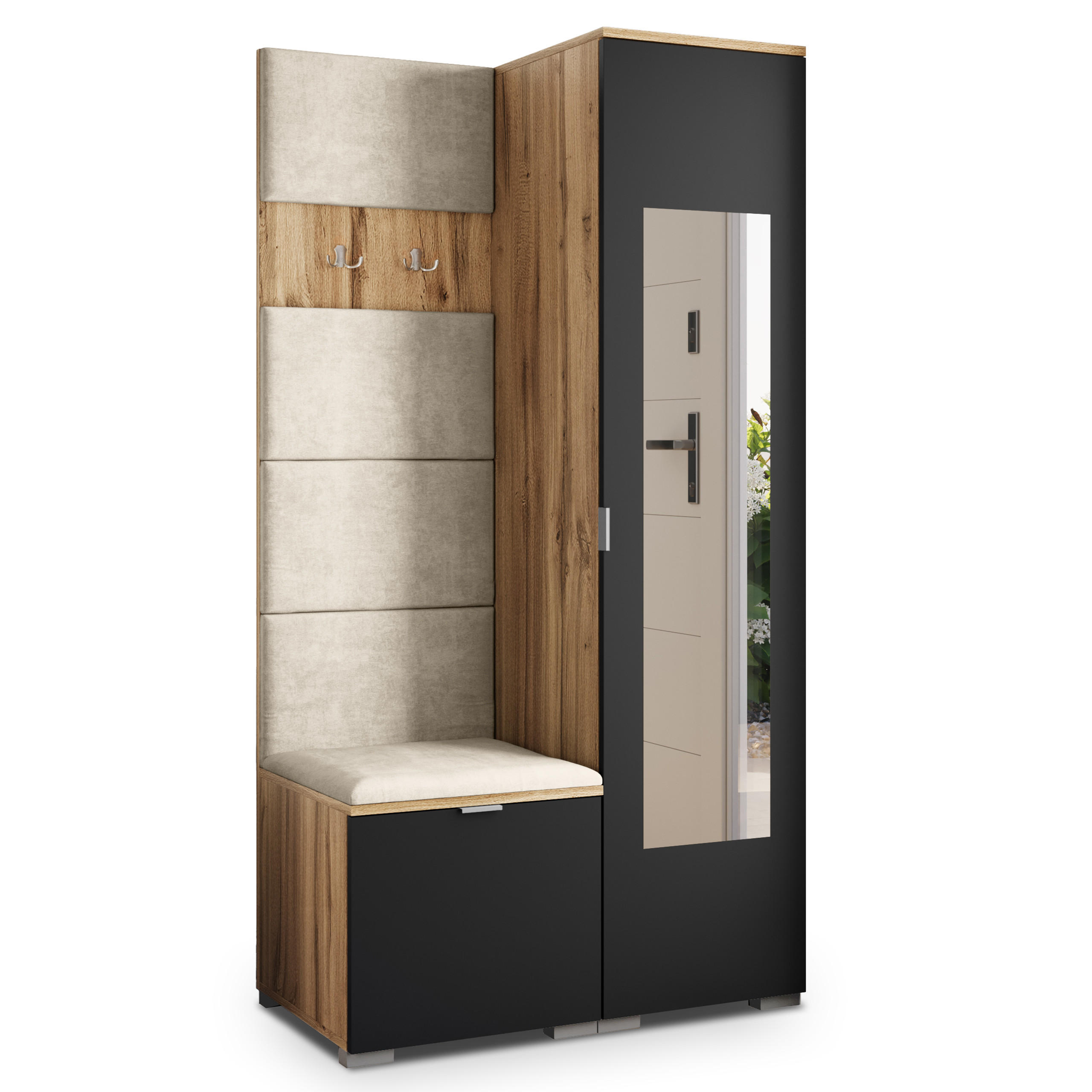 Masseno Garderobenschrank Eiche Wotan, Schwarz, Beige 95x181x51 cm