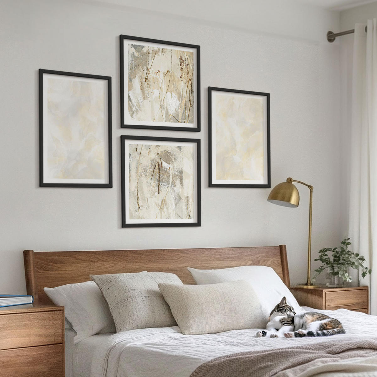 BILDER SET 4er Set - 50x50 cm & 40x60 cm Schwarzer Rahmen - Helles Strukturfarbendesign - Schwarz, Kunststoff (50/50cm) - TULUP