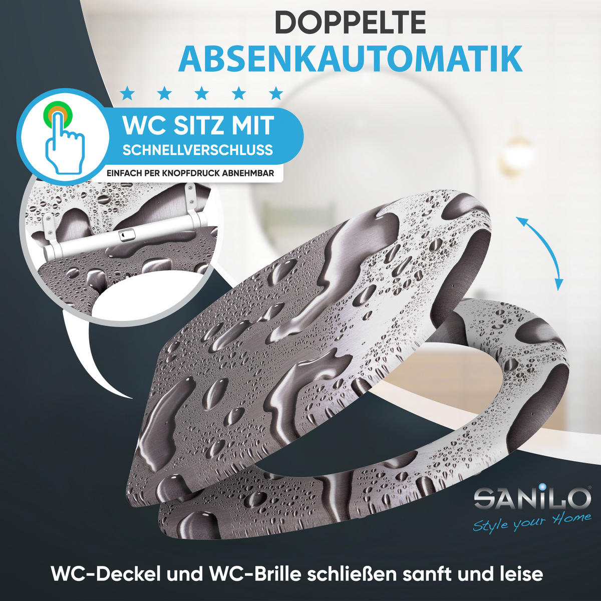 WC-SITZ mit Absenkautomatik & Top Fix Dewdrop - Grau, Holzwerkstoff (37.7/5.5/48cm) - Sanilo
