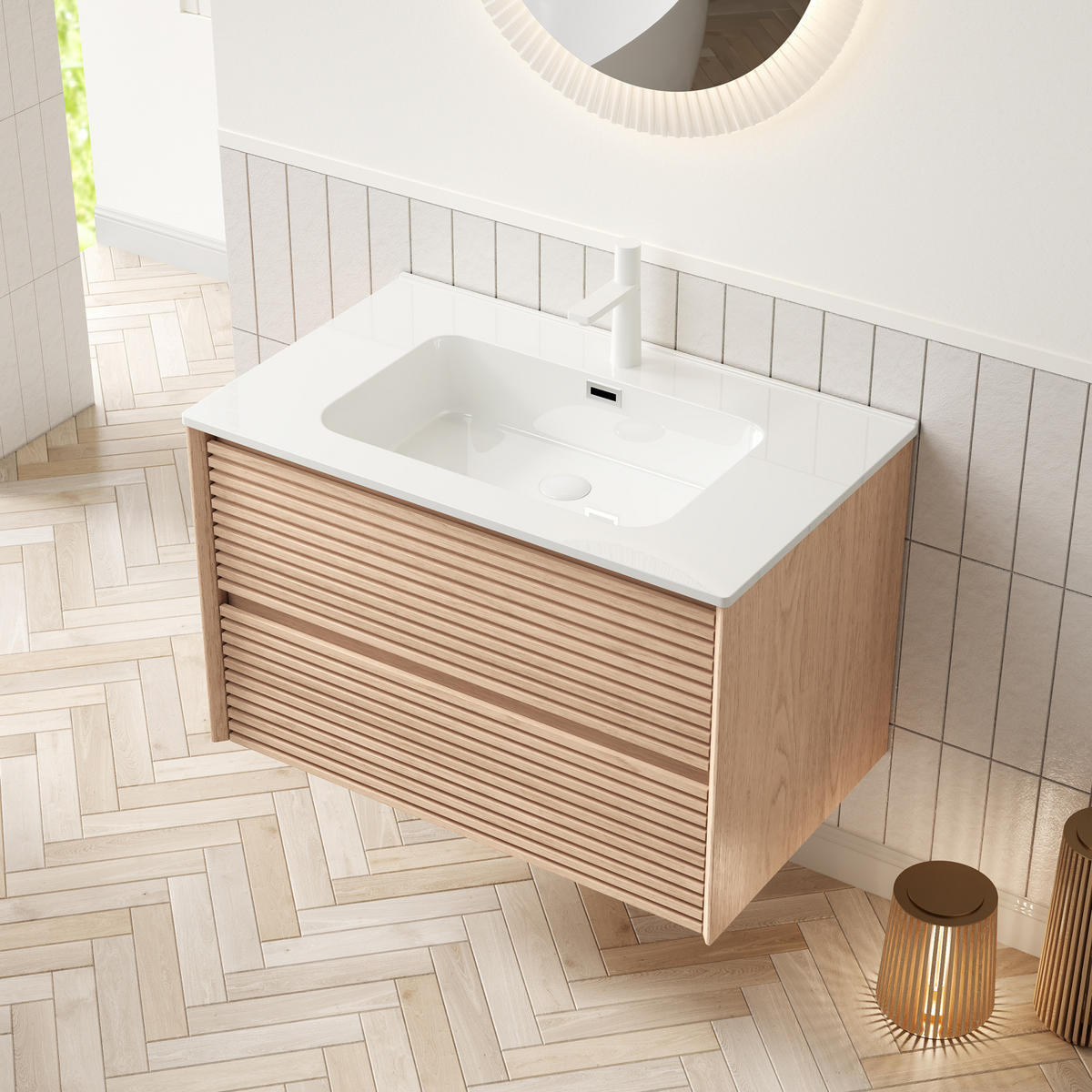 WASCHTISCHUNTERSCHRANK mit Keramikbecken 81 cm Natur/Weiß - Weiß, Holz (46.5/51.5/81cm) - Beauniv
