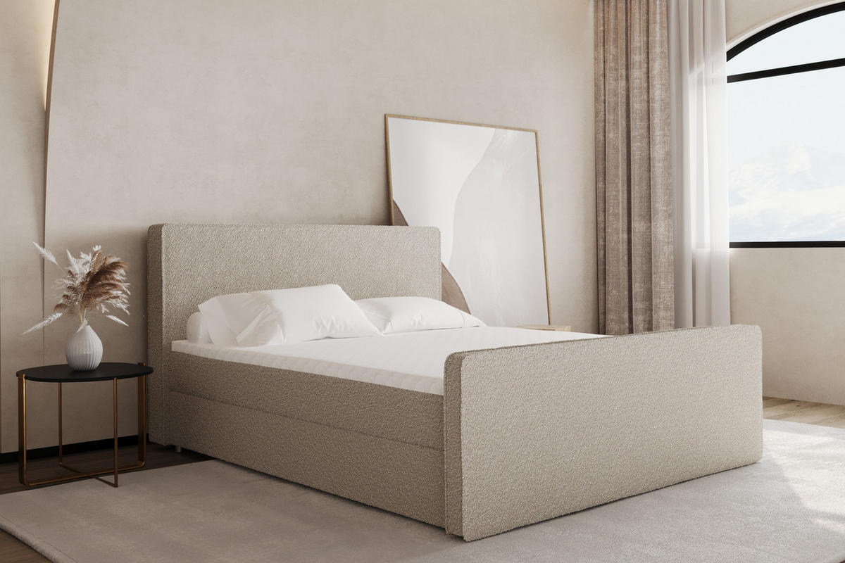 BOXBETT mit Bettkasten Matratze Topper LAGUNE Stoff Loop Perle 200x200 cm H2-Pocket - Champagner, Holz/Holzwerkstoff (200/200cm) - Kaiser Möbel