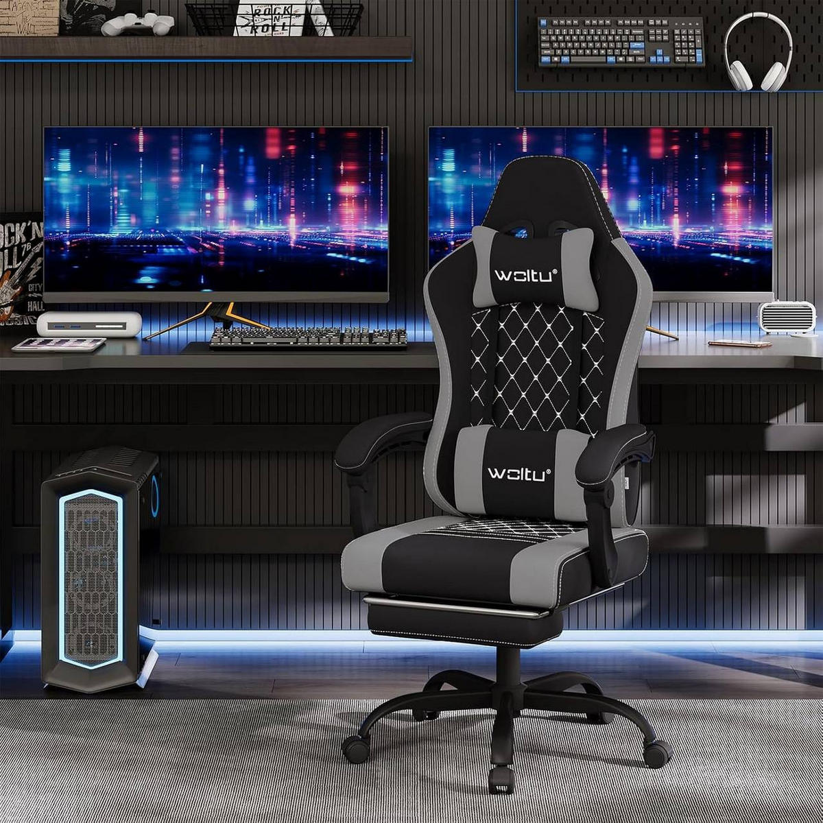 GAMINGSTUHL mit Massagefunktion, Netzstoff, Schwarz+Grau - Schwarz/Grau, Textil/Metall (70/127/70cm) - Woltu