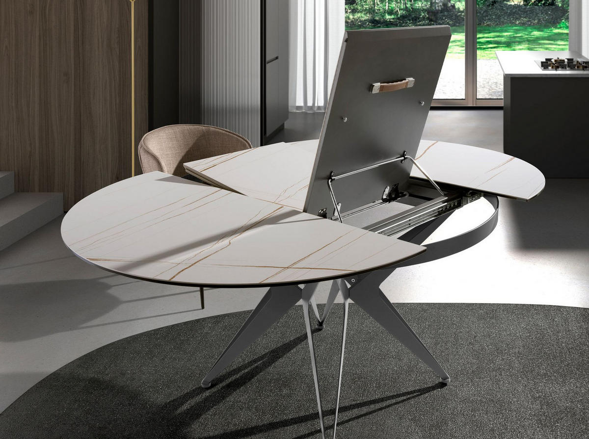 ESSTISCH Runder ausziehbarer Esstisch aus Porzellanmarmor und grauem Stahl Ø120/77 cm - Weiß/Grau, Stein (120/120/77cm) - ANGEL CERDA