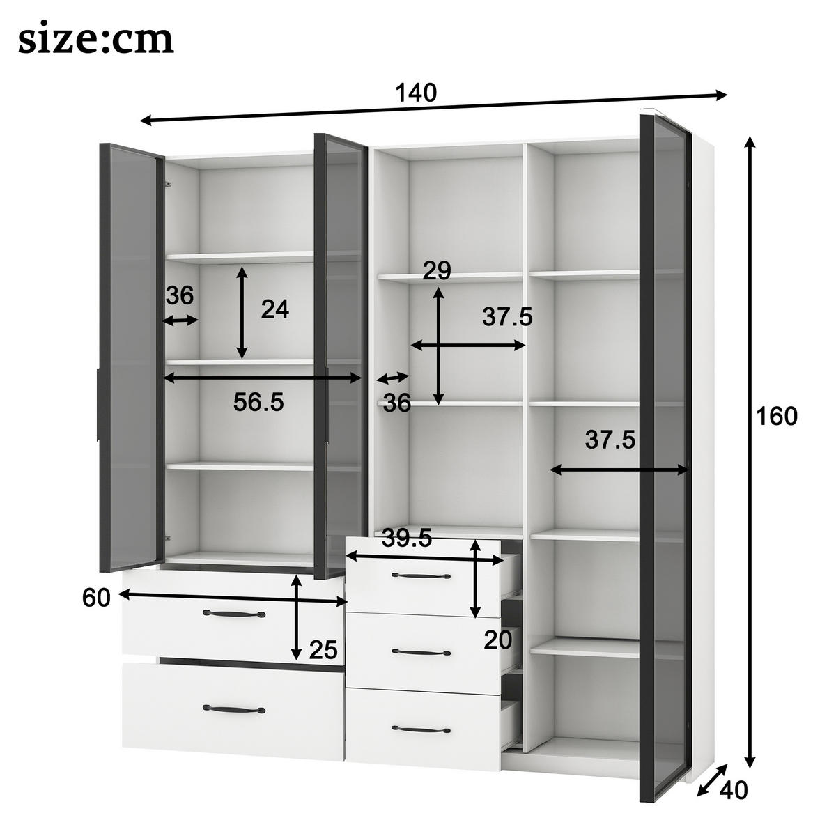 VITRINE 140cm Glas LED Bücherregal multifunktional modern - Weiß, Holzwerkstoff (140/160/40cm) - FLIEKS