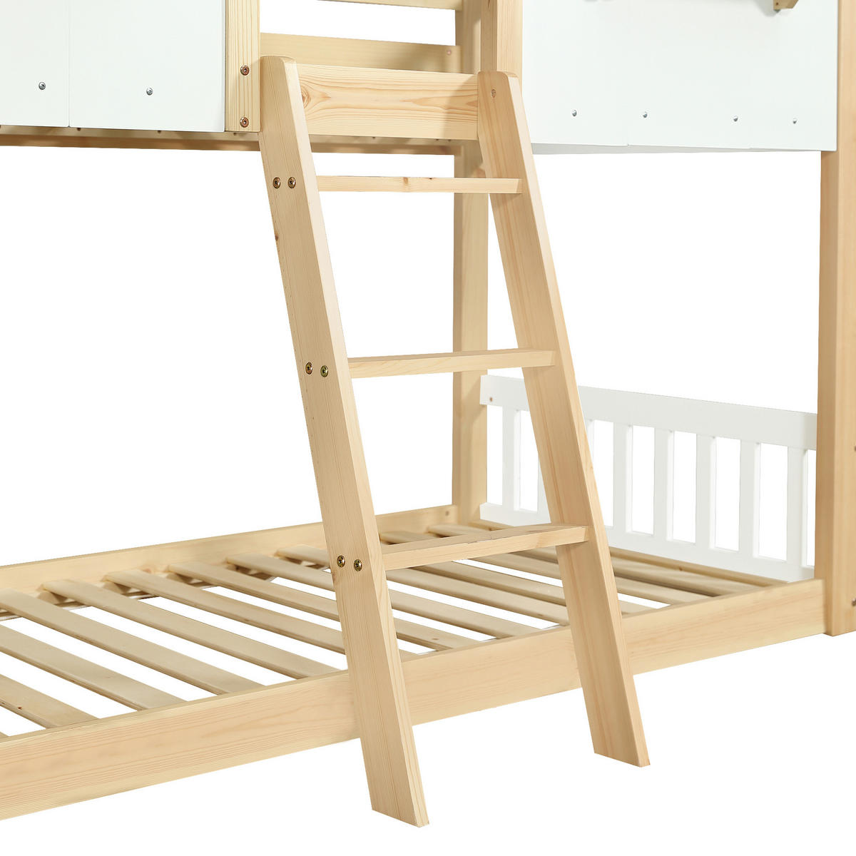 ETAGENBETT 90/200 cm & 90/200 cm in Weiß & Natur mit Dach, Fenster und Leiter - Weiß/Naturfarben, Holz/Holzwerkstoff (90/200cm) - CHICFURN