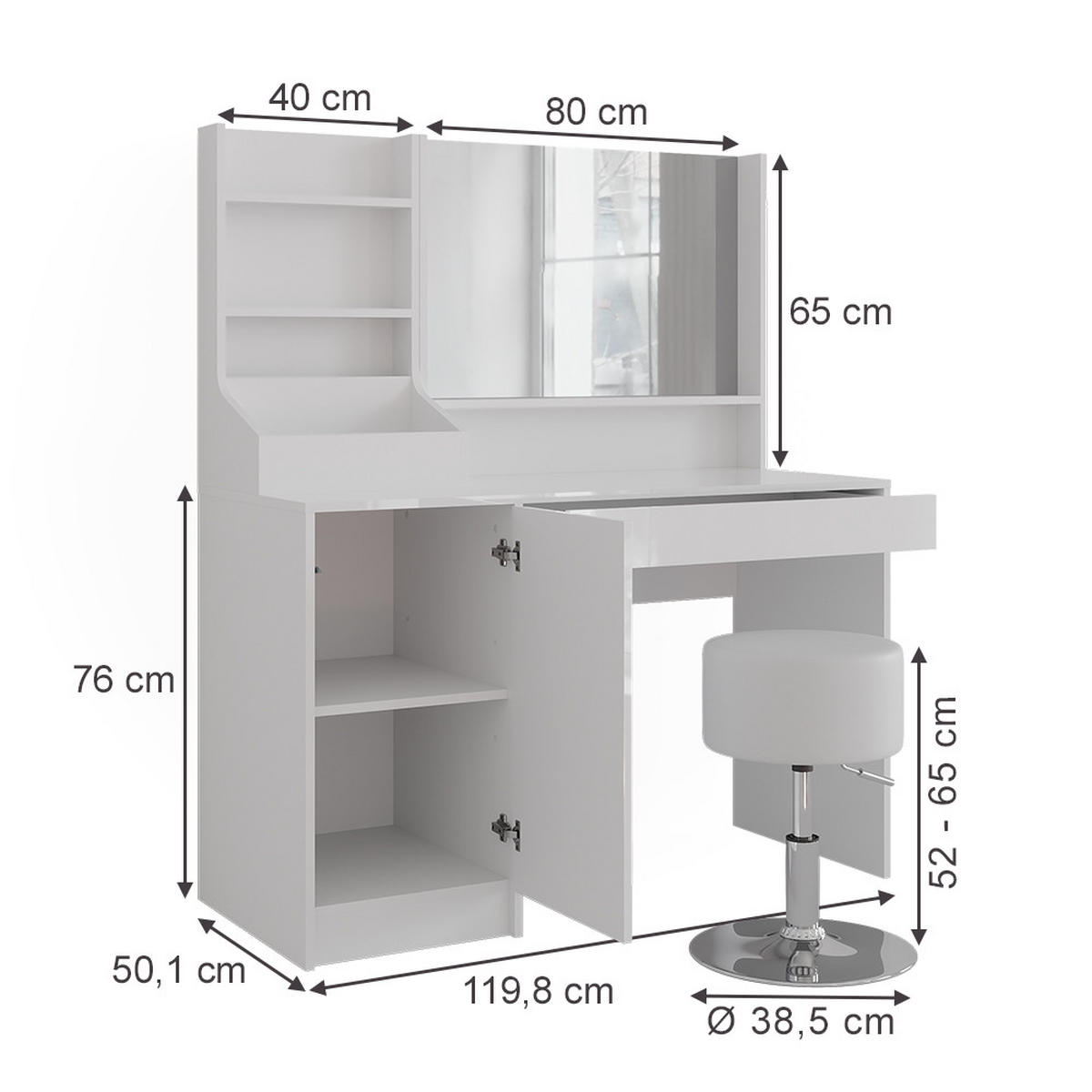 SCHMINKTISCH Sherry Weiß/Weiß Hochglanz 119.8 cm 4 Teile - Weiß Hochglanz, Holzwerkstoff (119.8/76/50.1cm) - Vicco