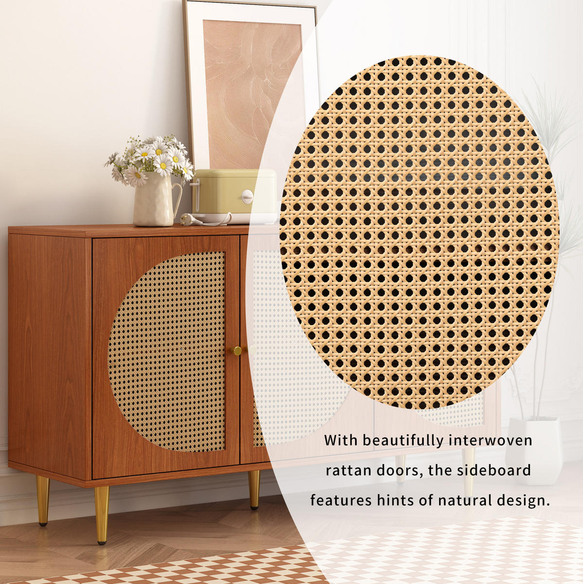 SIDEBOARD 129.8/40/76 cm Walnuss aus Spanplatte mit Rattan-Webung - Walnussfarben, Holzwerkstoff (40/76/129.8cm) - OKMYHOME