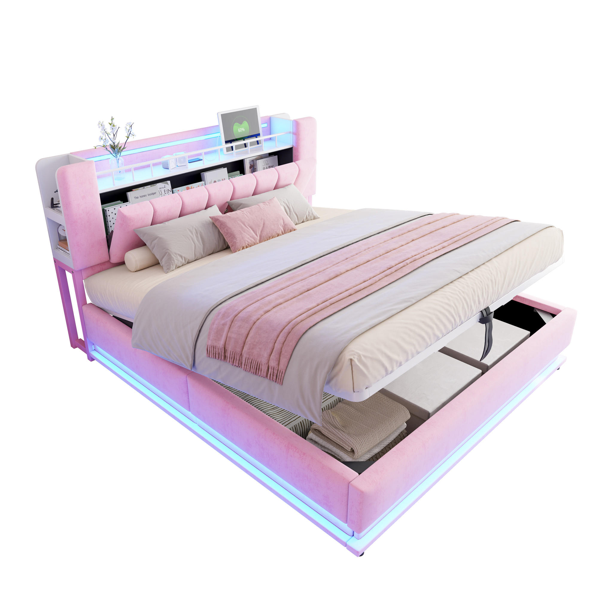 POLSTERBETT 180/200 cm aus Samt mit LED-Beleuchtung, Rosa - Pink, Textil (180/200cm) - OKMYHOME