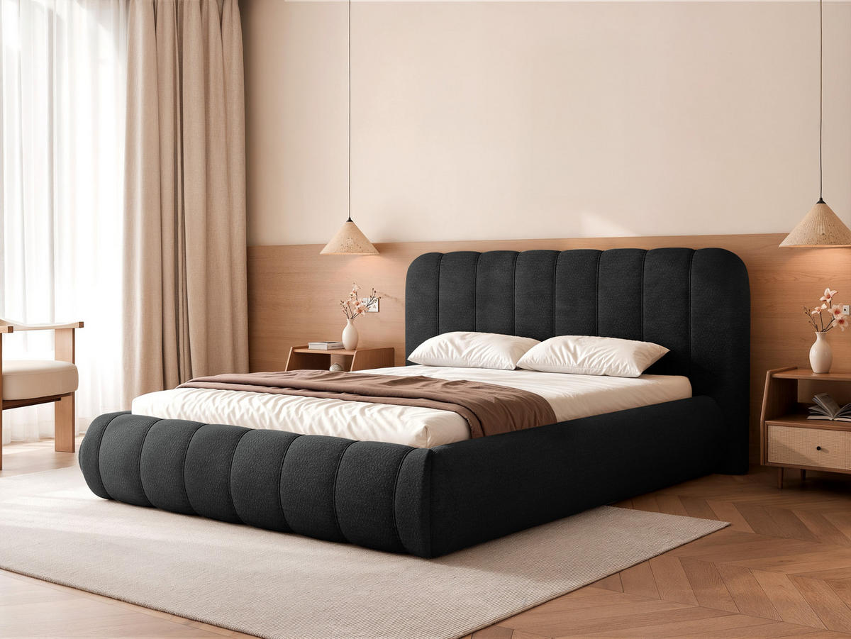 POLSTERBETT Gallo 140x200 cm Schwarz Chenille – (Doppelbett mit Bettkasten, Lattenrost, voluminöses Kopfteil) - Schwarz, Holz/Holzwerkstoff (140/200cm) - Ravio