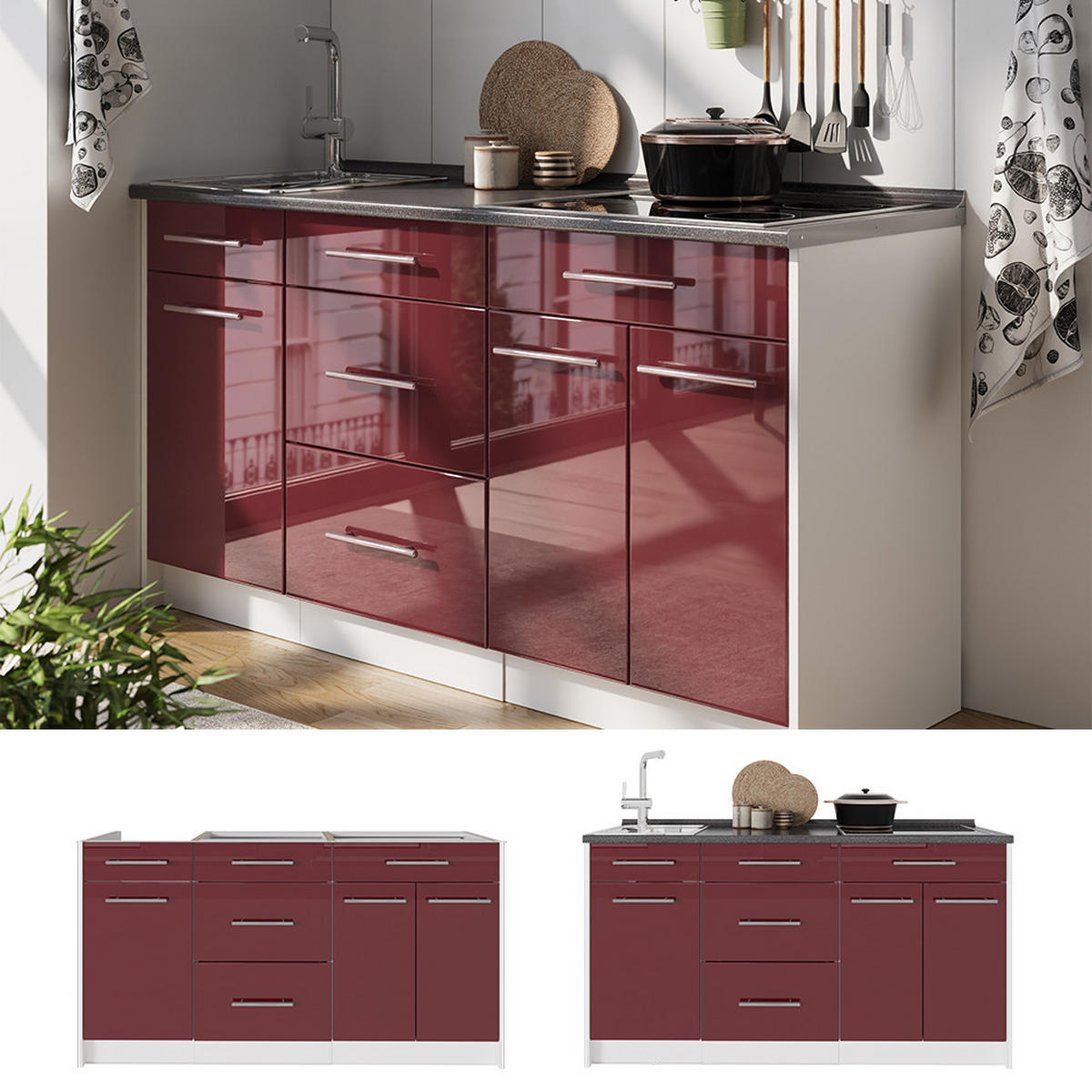KUHINJSKI BLOK Fame-Line, Bordo rdeča barva visokega sijaja/Bela, 150 cm brez delovne plošče - bela/bordo, leseni material (150/81.2/51.6cm) - Vicco