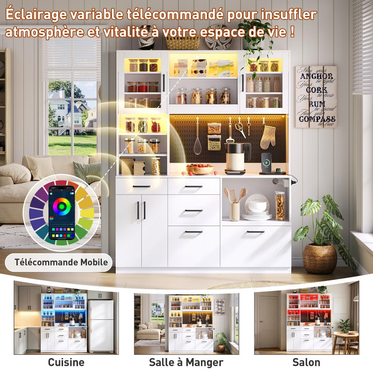 KÜCHENSCHRANKBUFFETSCHRANK MIT STECKDOSE UND LED-BELEUCHTUNG, MDF Weiß, Kaffeestation, 145/185/40 cm - Weiß, Kunststoff (40/185/145cm) - Rolipo